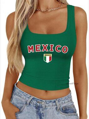 Women's Ribbed Cropped Tank Top - Graphic Mexico Print Sleeveless Summer Tee